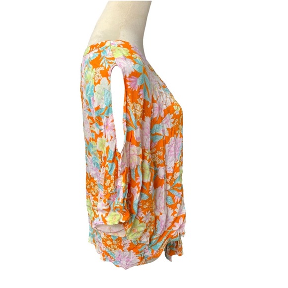 Democracy Floral V Neck Blouse Womens Medium Orange Boho Tie Hem Top - Picture 2 of 8